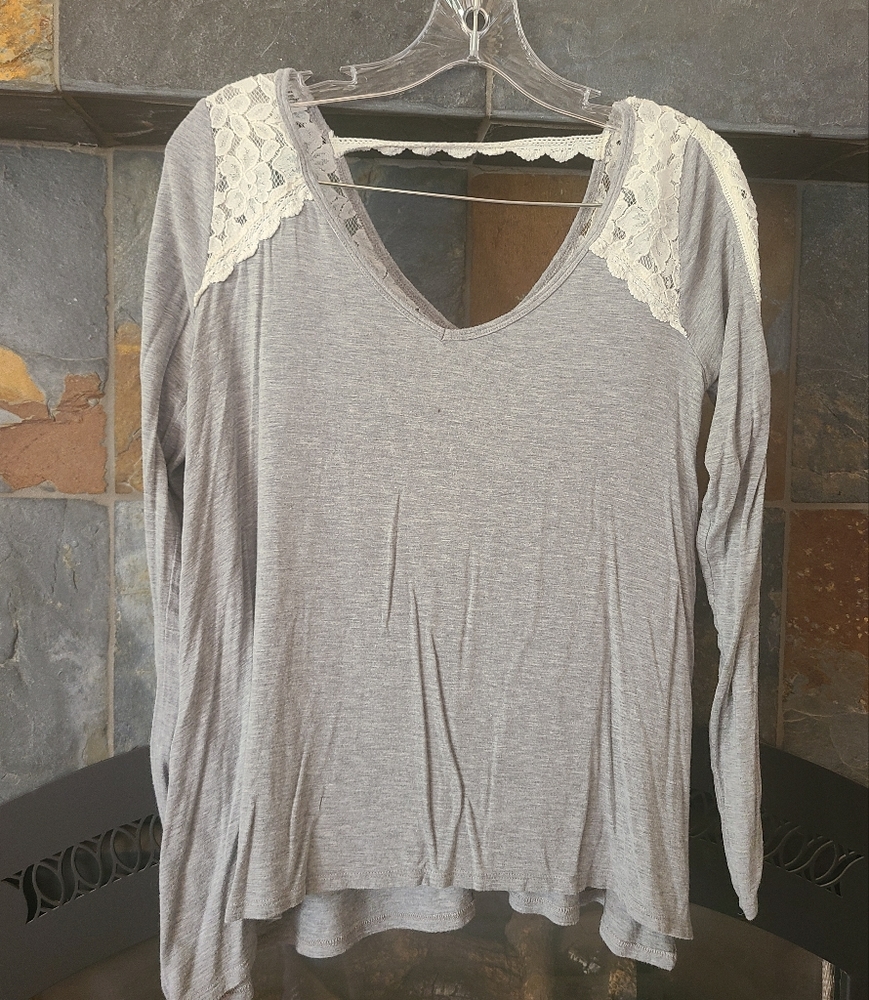 Abercrombie and Fitch GreyV Neck Long Sleeve Top with White Lace Inset Open Bac